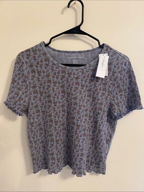 American Eagle Outfitters Blue Floral Ribbed Short Sleeve Tee